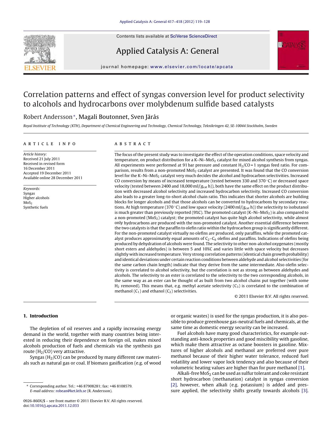 Correlation patterns and effect of syngas conversion level for product selectivity to alcohols and hydrocarbons over molybdenum sulfide based catalysts by Robert Andersson & Magali Boutonnet & Sven Järås