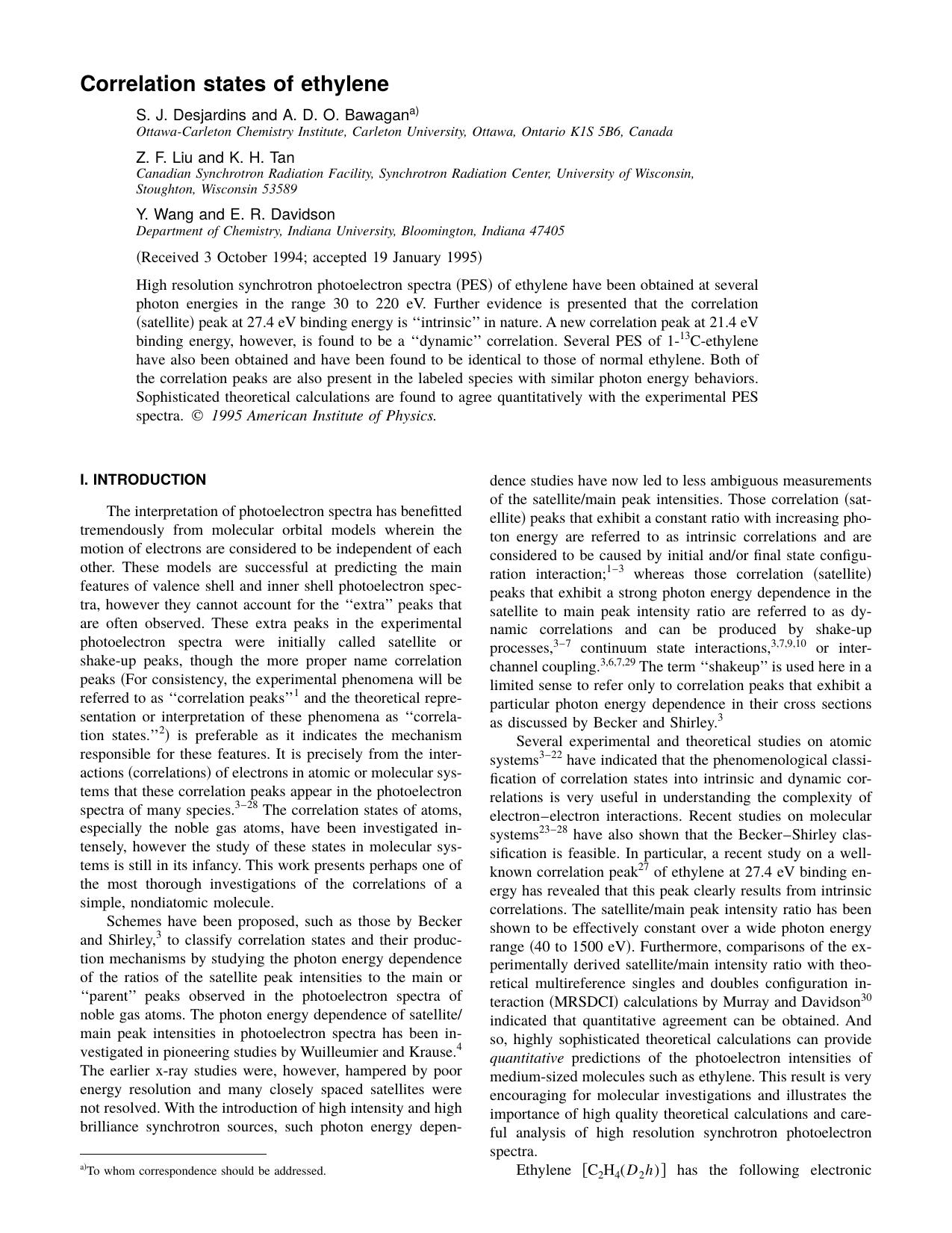 Correlation states of ethylene by S. J. Desjardins and A. D. O. Bawagan & Z. F. Liu
