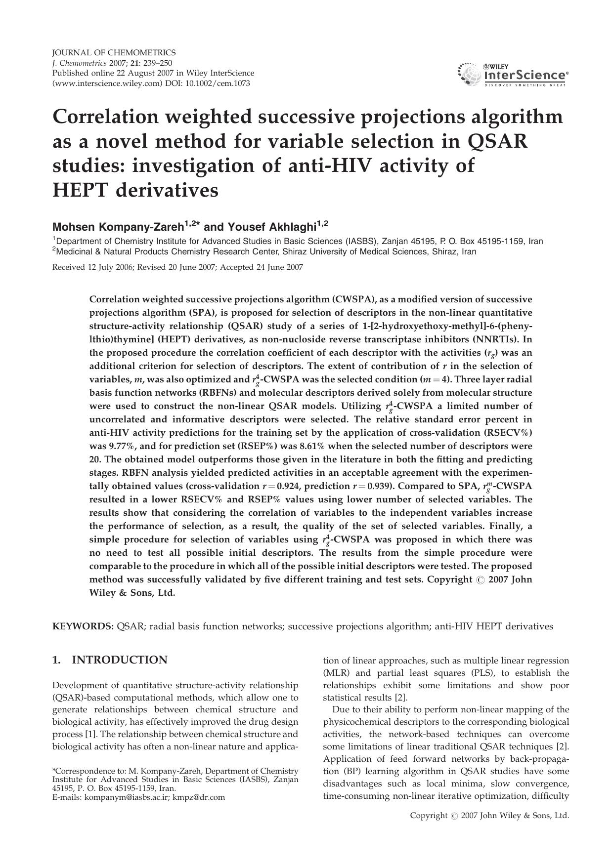 Correlation weighted successive projections algorithm as a novel method for variable selection in QSAR studies: investigation of anti-HIV activity of HEPT derivatives by Unknown