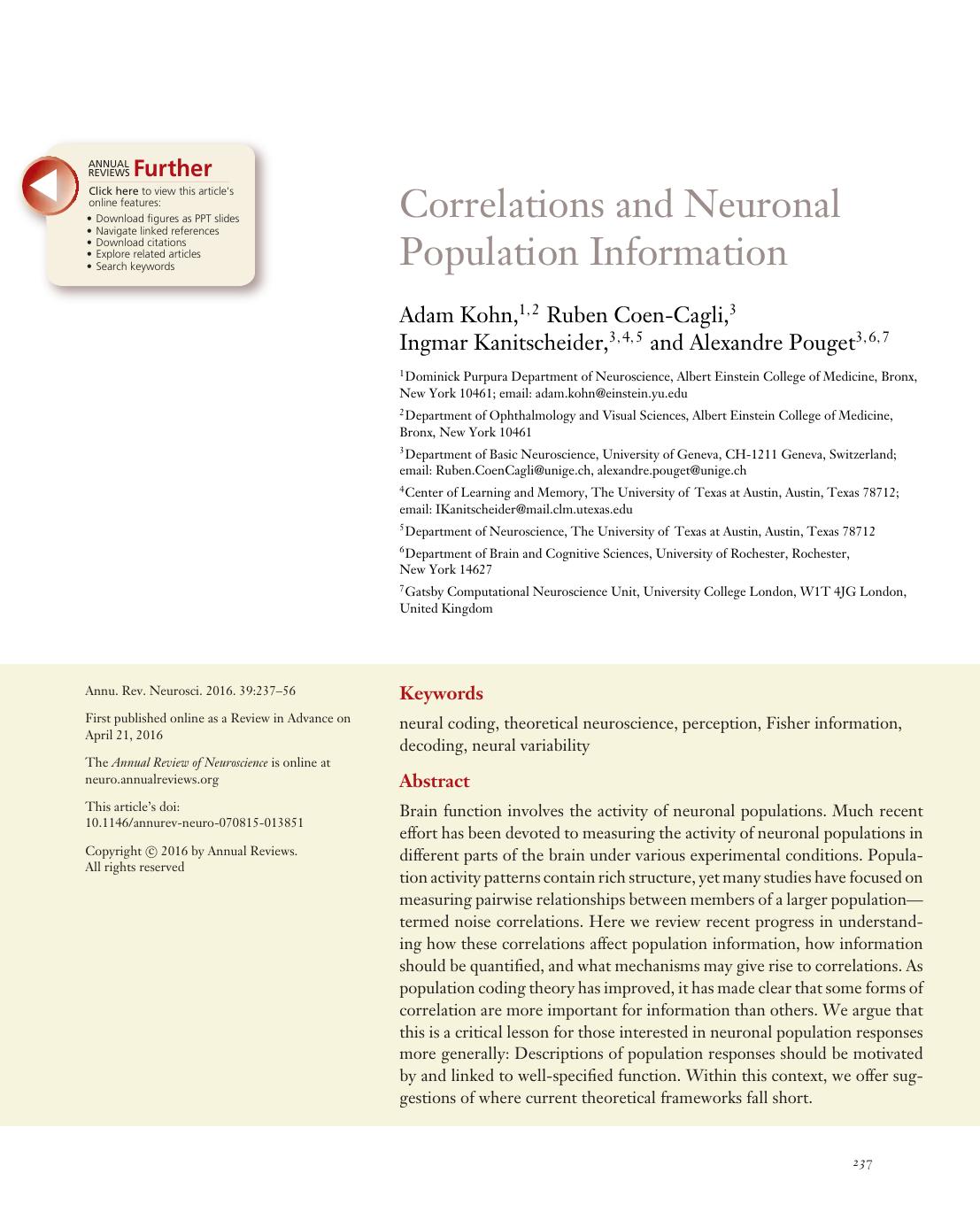 Correlations and Neuronal Population Information by Adam Kohn Ruben Coen-Cagli Ingmar Kanitscheider Alexandre Pouget