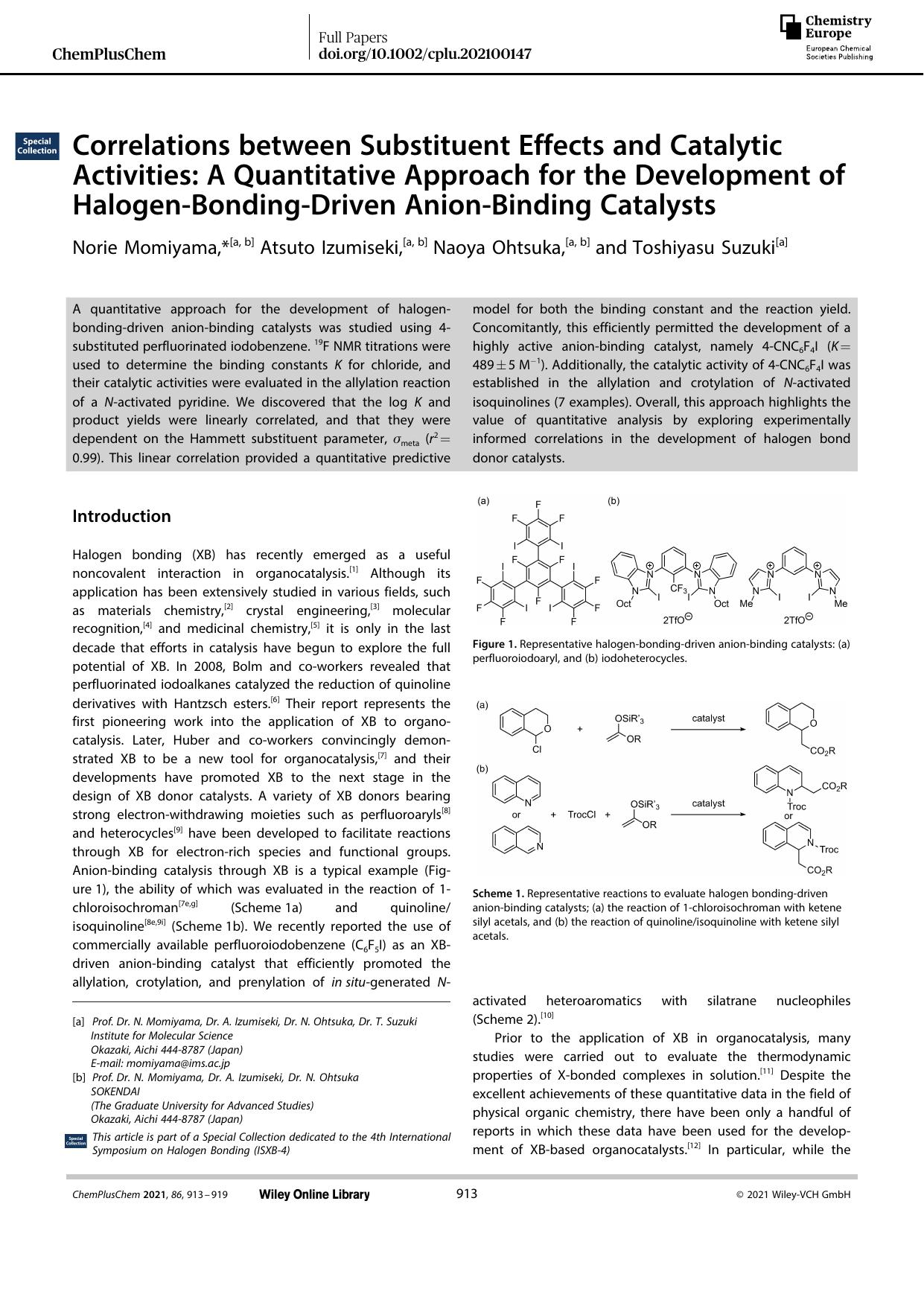 Correlations between Substituent Effects and Catalytic Activities: A Quantitative Approach for the Development of HalogenâBondingâDriven AnionâBinding Catalysts by Unknown