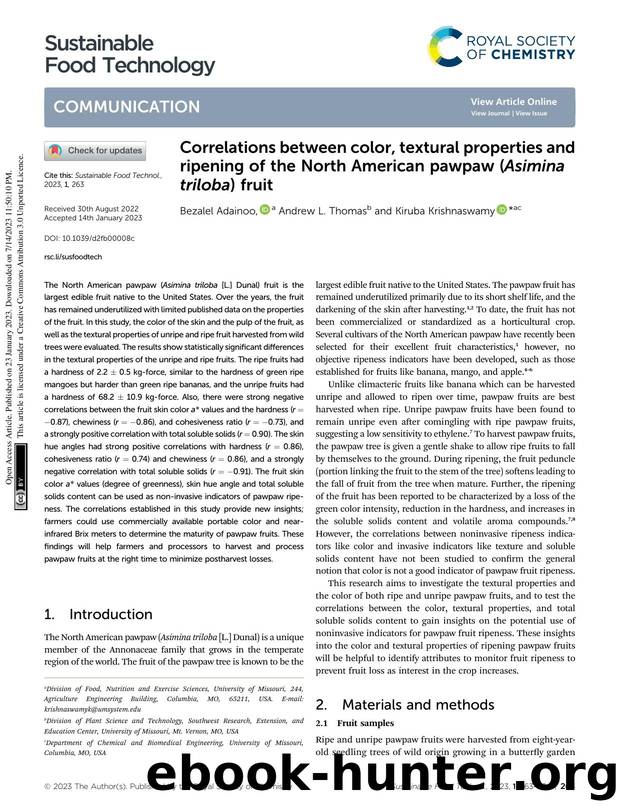 Correlations between color, textural properties and ripening of the North American pawpaw (Asimina triloba) fruit by Bezalel Adainoo & Andrew L. Thomas & Kiruba Krishnaswamy