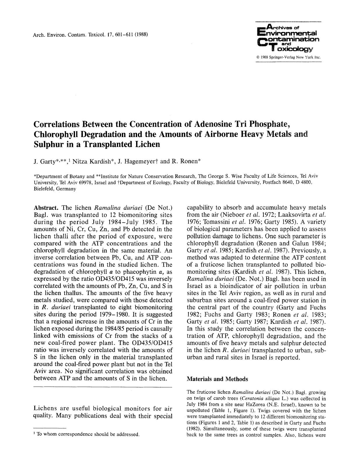 Correlations between the concentration of adenosine tri phosphate, chlorophyll degradation and the amounts of airborne heavy metals and sulphur in a transplanted lichen by Unknown