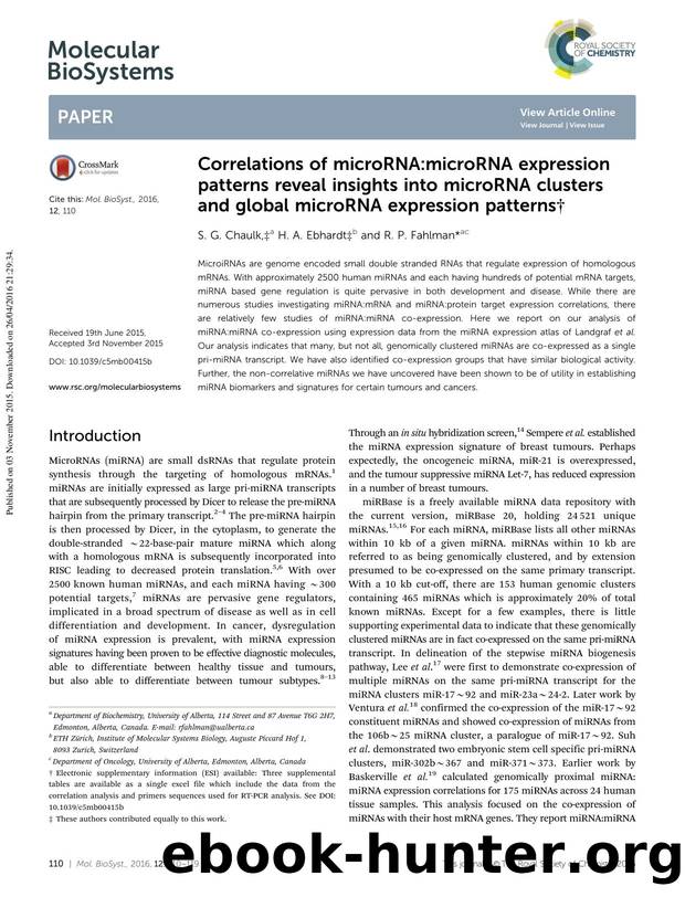 Correlations of microRNA:microRNA expression patterns reveal insights into microRNA clusters and global microRNA expression patterns by S. G. Chaulk & H. A. Ebhardt & R. P. Fahlman
