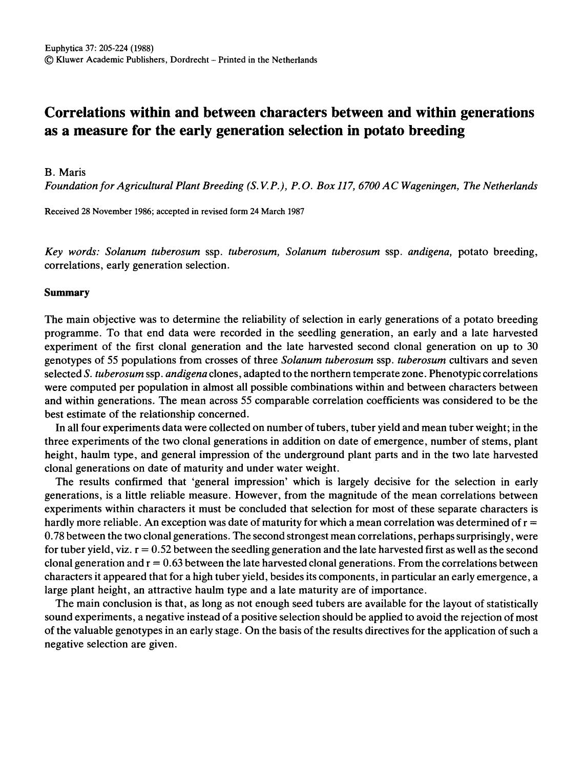 Correlations within and between characters between and within generations as a measure for the early generation selection in potato breeding by Unknown