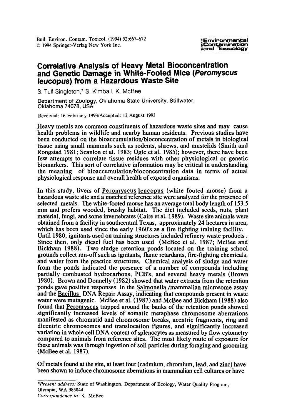 Correlative analysis of heavy metal bioconcentration and genetic damage in white-footed mice (<Emphasis Type="Italic">Peromyscus leucopus<Emphasis>) from a hazardous waste site by Unknown