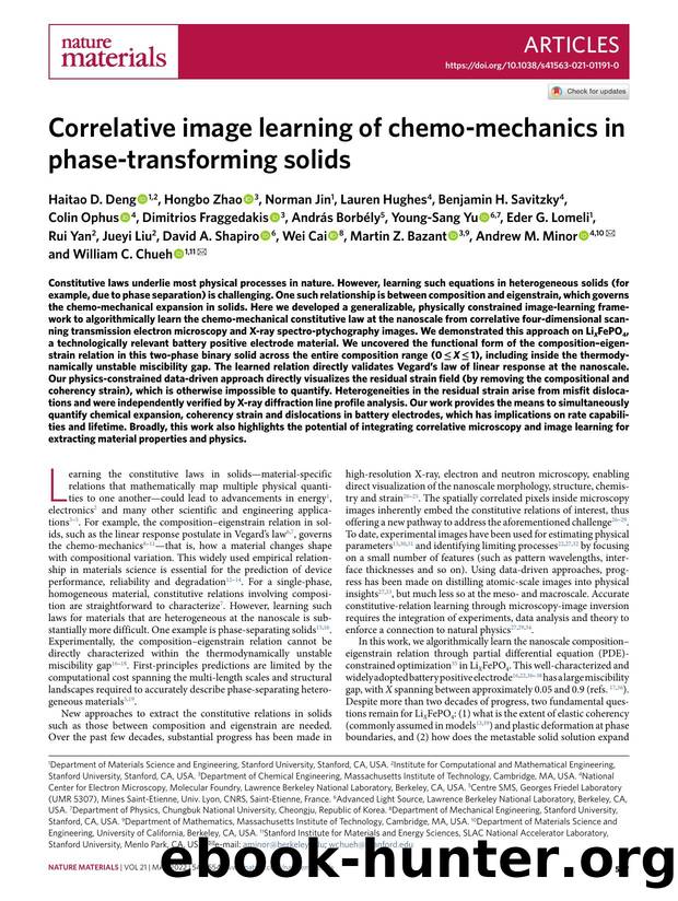 Correlative image learning of chemo-mechanics in phase-transforming solids by unknow