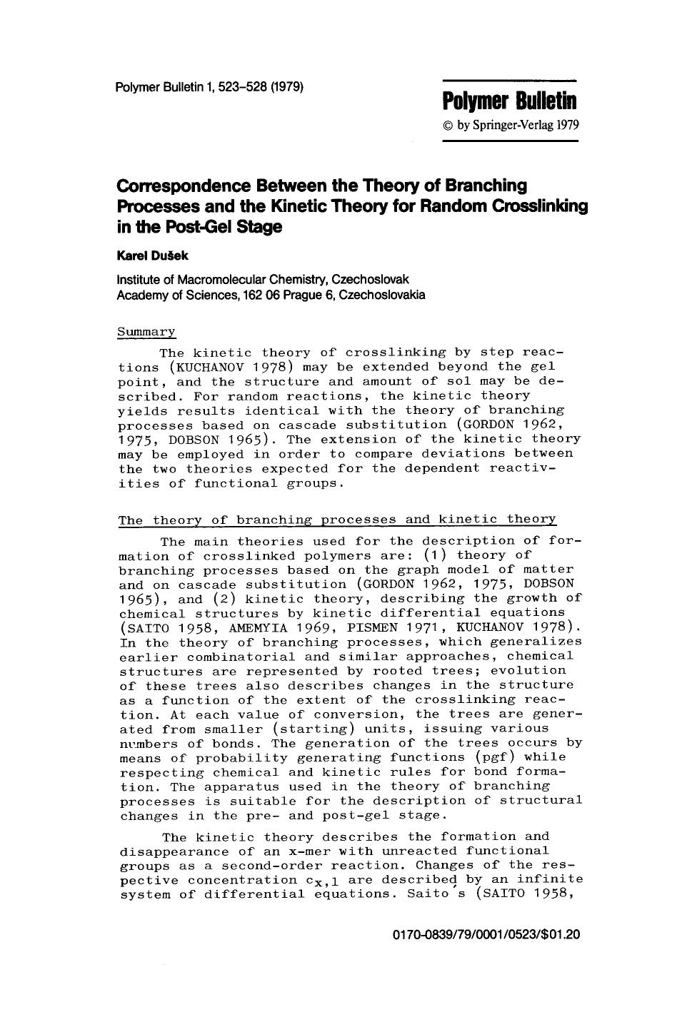 Correspondence between the theory of branching processes and the kinetic theory for random crosslinking in the post-gel stage by Unknown