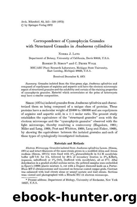 Correspondence of cyanophycin granules with structured granules in <Emphasis Type="Italic">Anabaena cylindrica<Emphasis> by Unknown