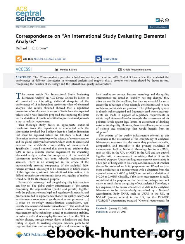 Correspondence on âAn International Study Evaluating Elemental Analysisâ by Richard J. C. Brown (ORCID: g/0000-0001-6106-0996)