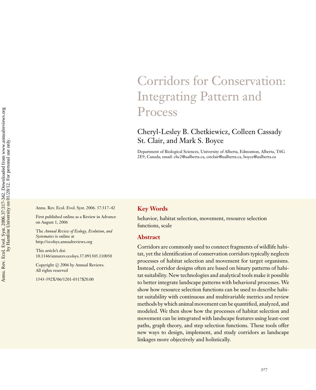 Corridors for Conservation: Integrating Pattern and Process by Cheryl-Lesley B. Chetkiewicz Colleen Cassady St. Clair & Mark S. Boyce