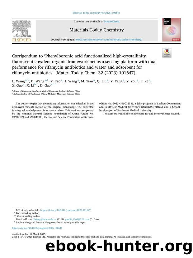 Corrigendum to âPhenylboronic acid functionalized high-crystallinity fluorescent covalent organic framework act as a sensing platform with dual performance for rifamycin antibiot by unknow