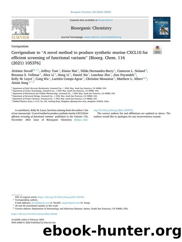 Corrigendum to âA novel method to produce synthetic murine CXCL10 for efficient screening of functional variantsâ [Bioorg. Chem. 116 (2021) 105376] by unknow