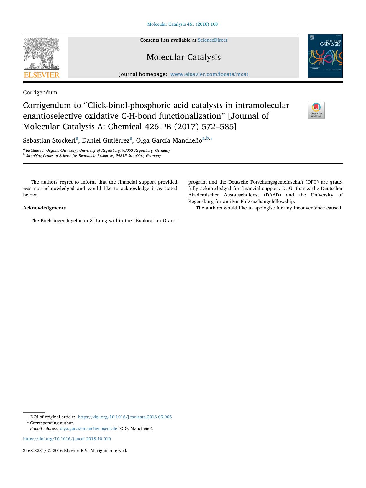 Corrigendum to âClick-binol-phosphoric acid catalysts in intramolecular enantioselective oxidative C-H-bond functionalizationâ [Journal of Molecular Catalysis A_ Chemical 426 PB (2017) 572â585] by Sebastian Stockerl
