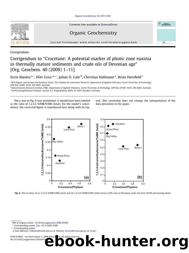Corrigendum to âCrocetane: A potential marker of photic zone euxinia in thermally mature sediments and crude oils of Devonian ageâ [Org. Geochem. 40 (2009) 1â11] by Ercin Maslen & Kliti Grice & Julian D. Gale & Christian Hallmann & Brian Horsfield