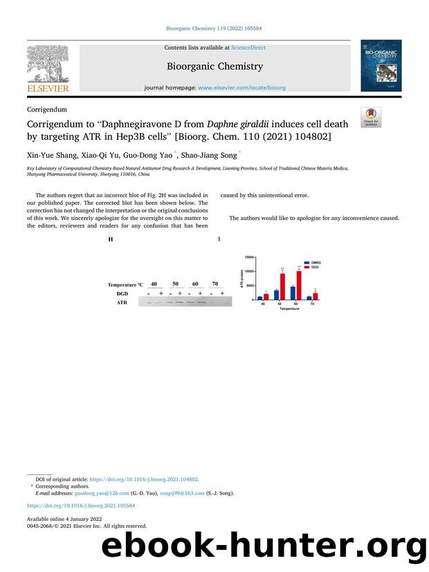 Corrigendum to âDaphnegiravone D from Daphne giraldii induces cell death by targeting ATR in Hep3B cellsâ [Bioorg. Chem. 110 (2021) 104802] by Xin-Yue Shang & Xiao-Qi Yu & Guo-Dong Yao & Shao-Jiang Song