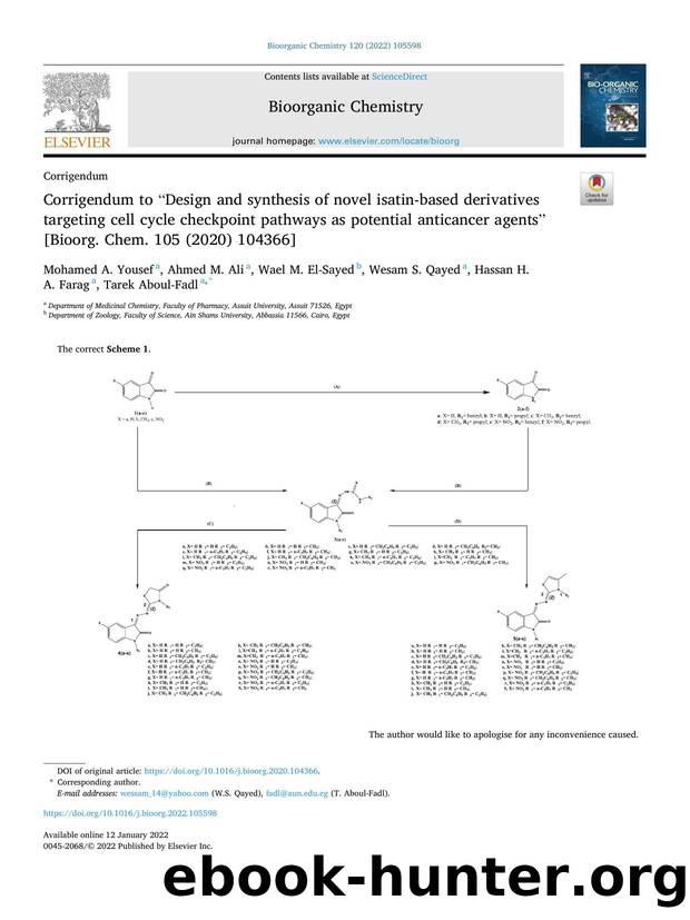 Corrigendum to âDesign and synthesis of novel isatin-based derivatives targeting cell cycle checkpoint pathways as potential anticancer agentsâ [Bioorg. Chem. 105 (2020) 104366] by unknow