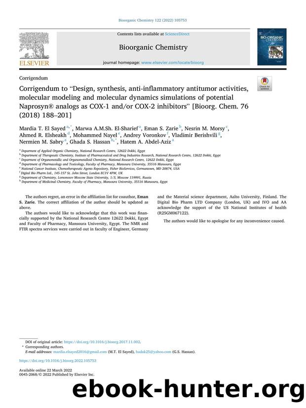 Corrigendum to âDesign, synthesis, anti-inflammatory antitumor activities, molecular modeling and molecular dynamics simulations of potential NaprosynÂ® analogs as COX-1 andor CO by unknow