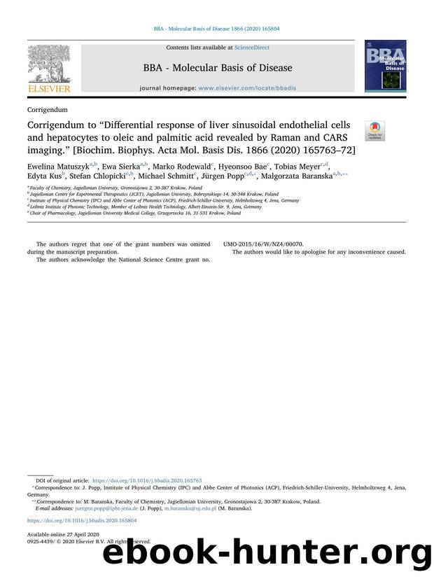 Corrigendum to âDifferential response of liver sinusoidal endothelial cells and hepatocytes to oleic and palmitic acid revealed by Raman and CARS imaging.â [Biochim. Biophys. A by unknow