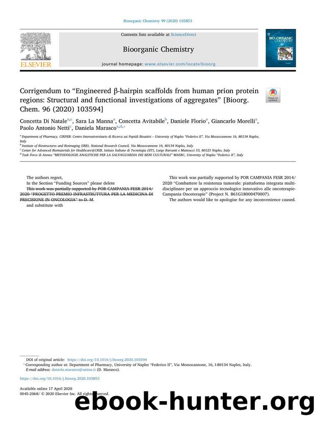 Corrigendum to âEngineered Î²-hairpin scaffolds from human prion protein regions_ Structural and functional investigations of aggregatesâ [Bioorg. Chem. 96 (2020) 103594] by unknow