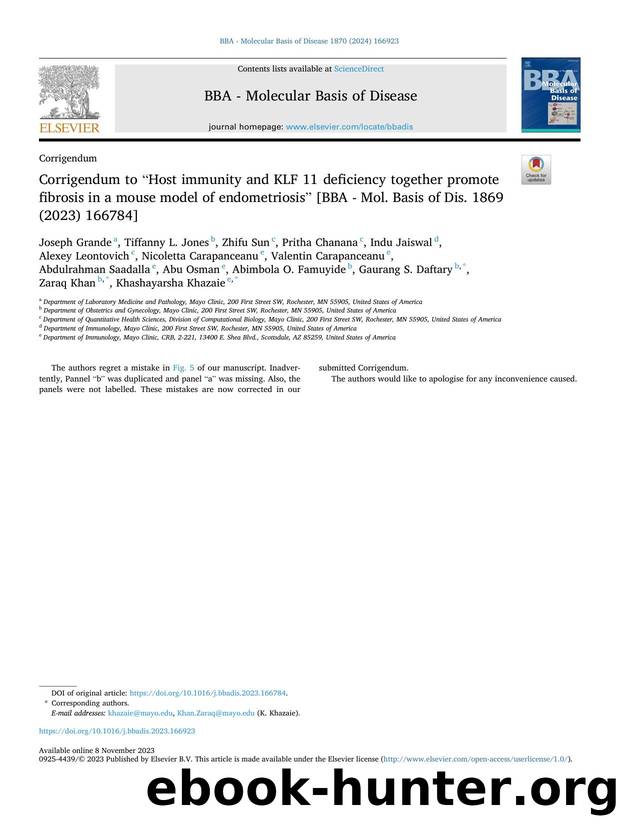 Corrigendum to âHost immunity and KLF 11 deficiency together promote fibrosis in a mouse model of endometriosisâ [BBA - Mol. Basis of Dis. 1869 (2023) 166784] by unknow