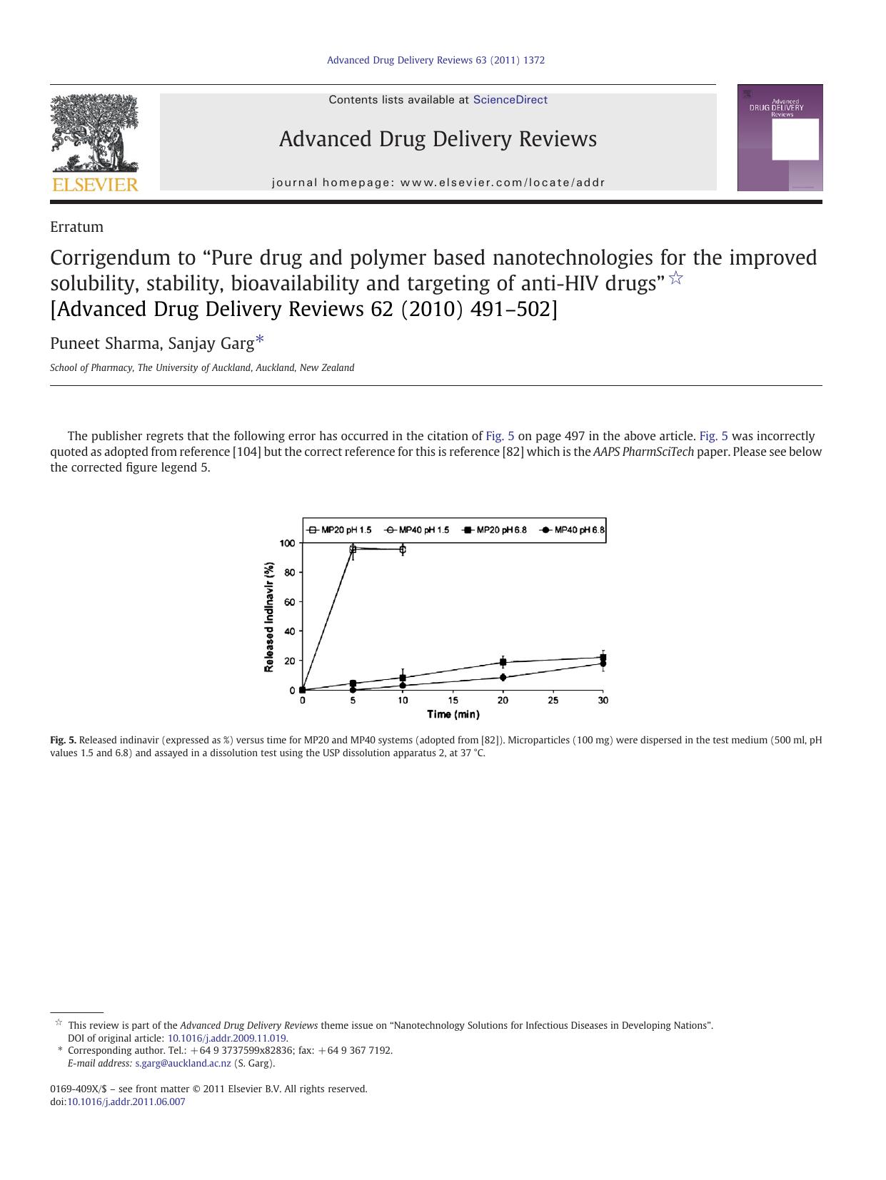 Corrigendum to âPure drug and polymer based nanotechnologies for the improved solubility, stability, bioavailability and targeting of anti-HIV drugsâ [Advanced Drug Delivery Re by Puneet Sharma & Sanjay Garg