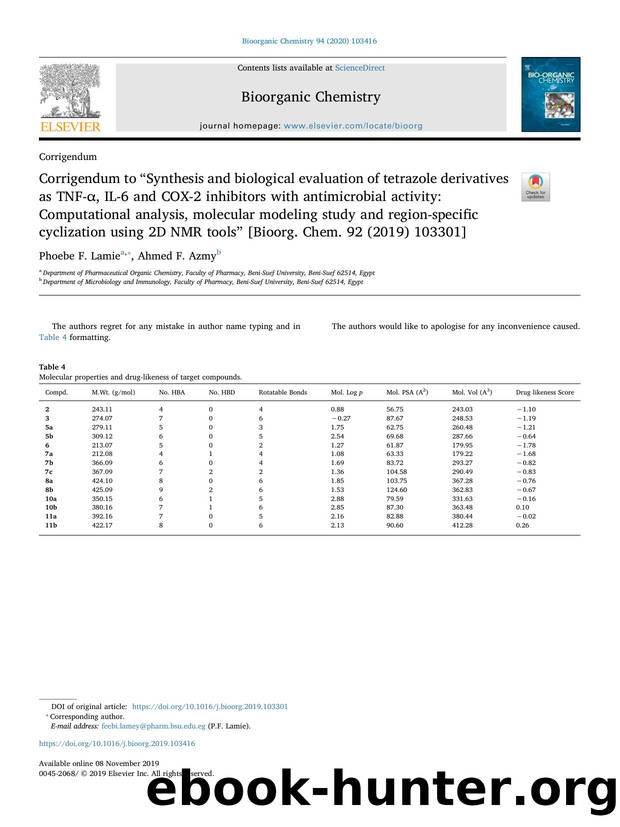 Corrigendum to âSynthesis and biological evaluation of tetrazole derivatives as TNF-Î±, IL-6 and COX-2 inhibitors with antimicrobial activity_ Computational analysis, molecular m by Phoebe F. Lamie & Ahmed F. Azmy