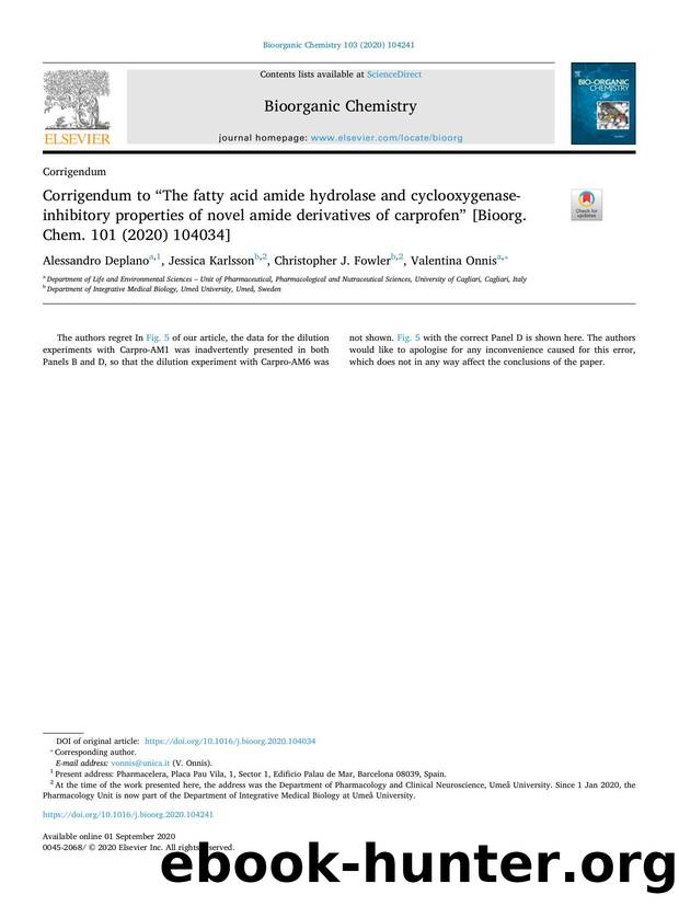 Corrigendum to âThe fatty acid amide hydrolase and cyclooxygenase-inhibitory properties of novel amide derivatives of carprofenâ [Bioorg. Chem. 101 (2020) 104034] by Alessandro Deplano & Jessica Karlsson & Christopher J. Fowler & Valentina Onnis