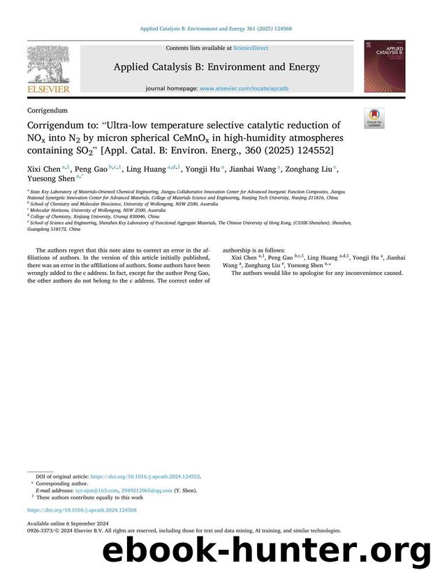 Corrigendum to:Â âUltra-low temperature selective catalytic reduction of NOx into N2 by micron spherical CeMnOx in high-humidity atmospheres containing SO2â [Appl.Â Catal. B: E by Xixi Chen