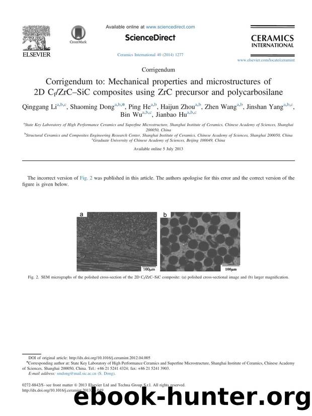 Corrigendum to_ Mechanical properties and microstructures of 2D CfZrCâSiC composites using ZrC precursor and polycarbosilane by Qinggang Li & Shaoming Dong & Ping He & Haijun Zhou & Zhen Wang & Jinshan Yang & Bin Wu & Jianbao Hu