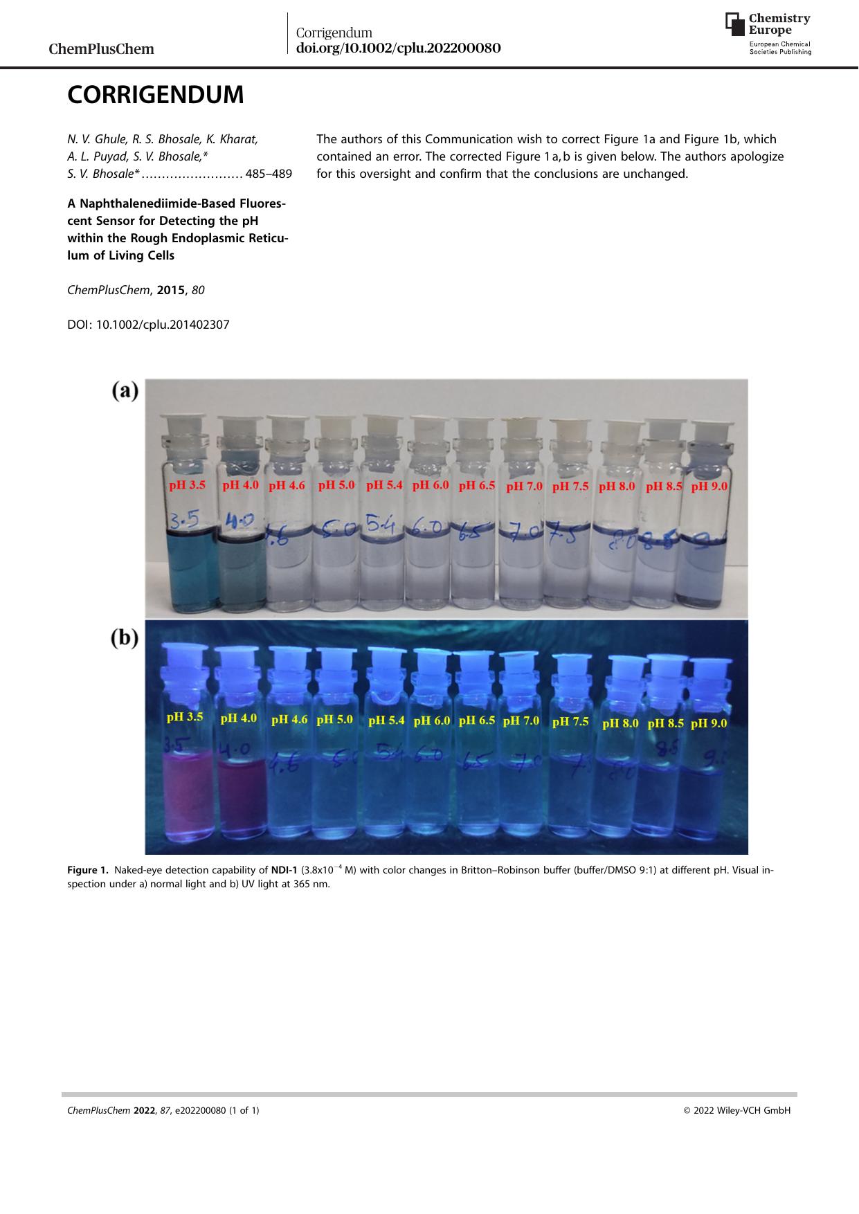 Corrigendum: A NaphthalenediimideâBased Fluorescent Sensor for Detecting the pH within the Rough Endoplasmic Reticulum of Living Cells by Unknown
