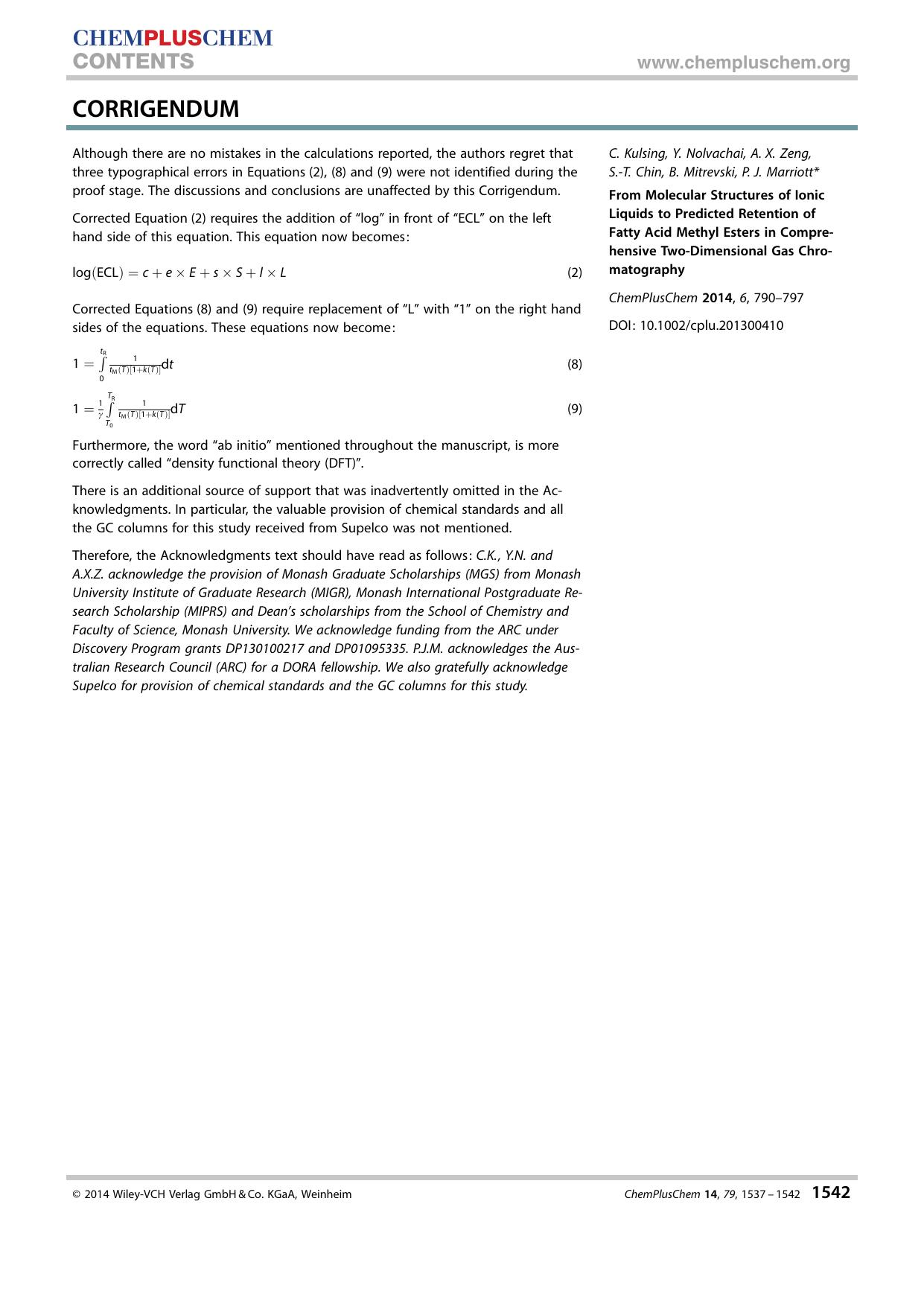 Corrigendum: From Molecular Structures of Ionic Liquids to Predicted Retention of Fatty Acid Methyl Esters in Comprehensive TwoDimensional Gas Chromatography by Unknown