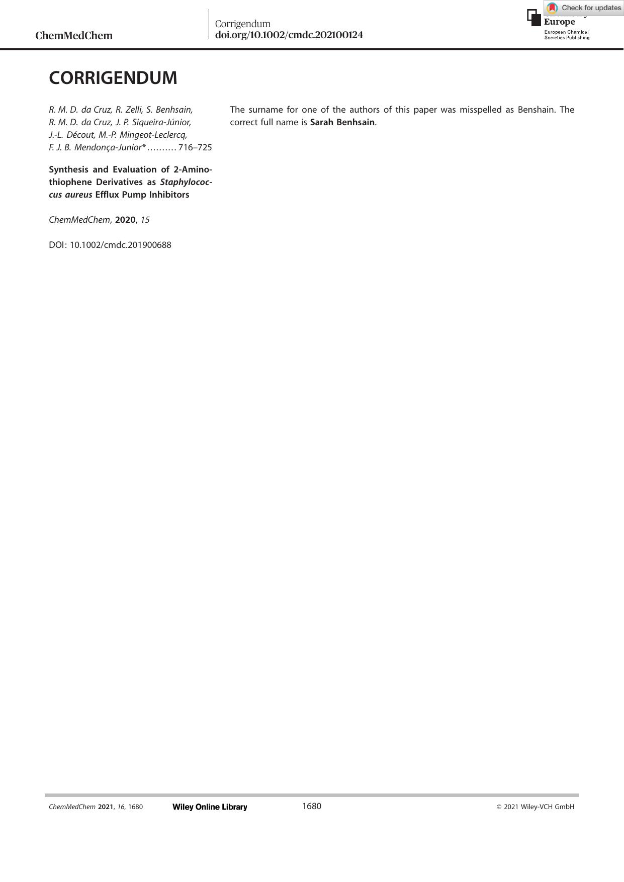 Corrigendum: Synthesis and Evaluation of 2âAminothiophene Derivatives as Staphylococcus aureus Efflux Pump Inhibitors by Unknown