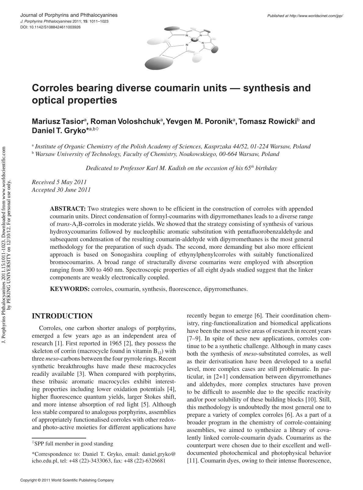 Corroles bearing diverse coumarin units â synthesis and optical properties by Mariusz Tasior Roman Voloshchuk Yevgen M. Poronik Tomasz Rowicki & Daniel T. Gryko
