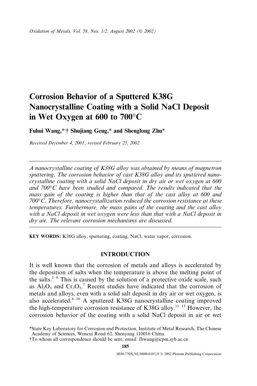 Corrosion Behavior of a Sputtered K38G Nanocrystalline Coating with a Solid NaCl Deposit in Wet Oxygen at 600 to 700&#x00B0;C by Unknown