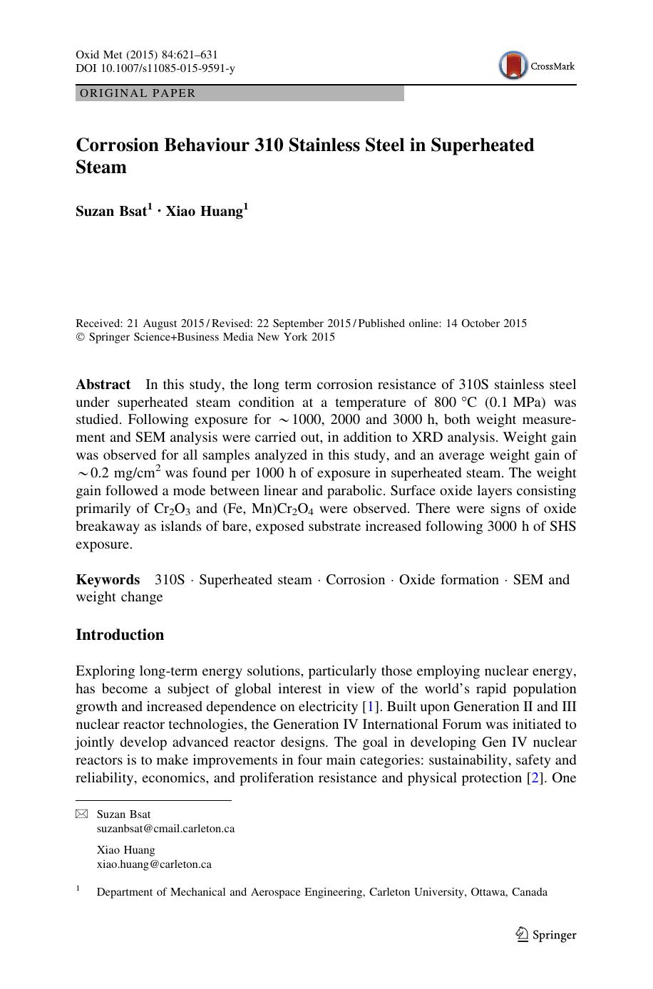 Corrosion Behaviour 310 Stainless Steel in Superheated Steam by Suzan Bsat & Xiao Huang