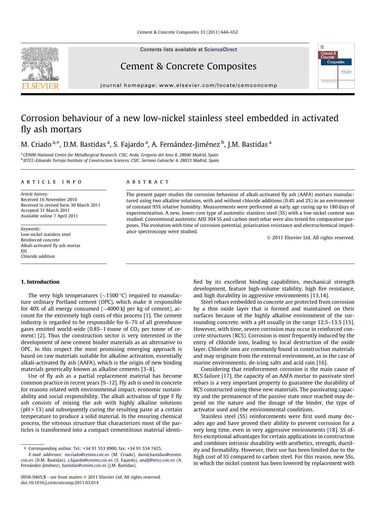 Corrosion behaviour of a new low-nickel stainless steel embedded in activated fly ash mortars by M. Criado & D.M. Bastidas & S. Fajardo & A. Fernández-Jiménez & J.M. Bastidas