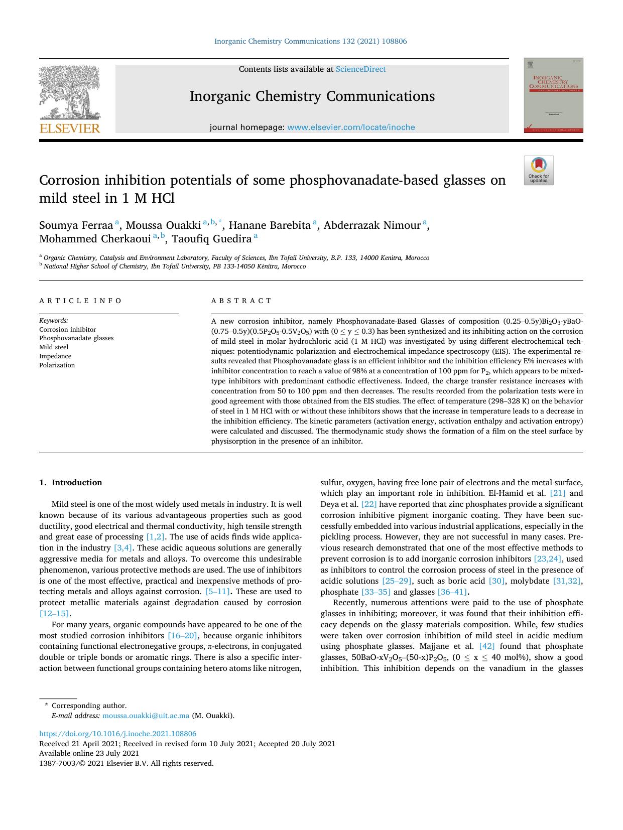 Corrosion inhibition potentials of some phosphovanadate-based glasses on mild steel in 1Â M HCl by Soumya Ferraa