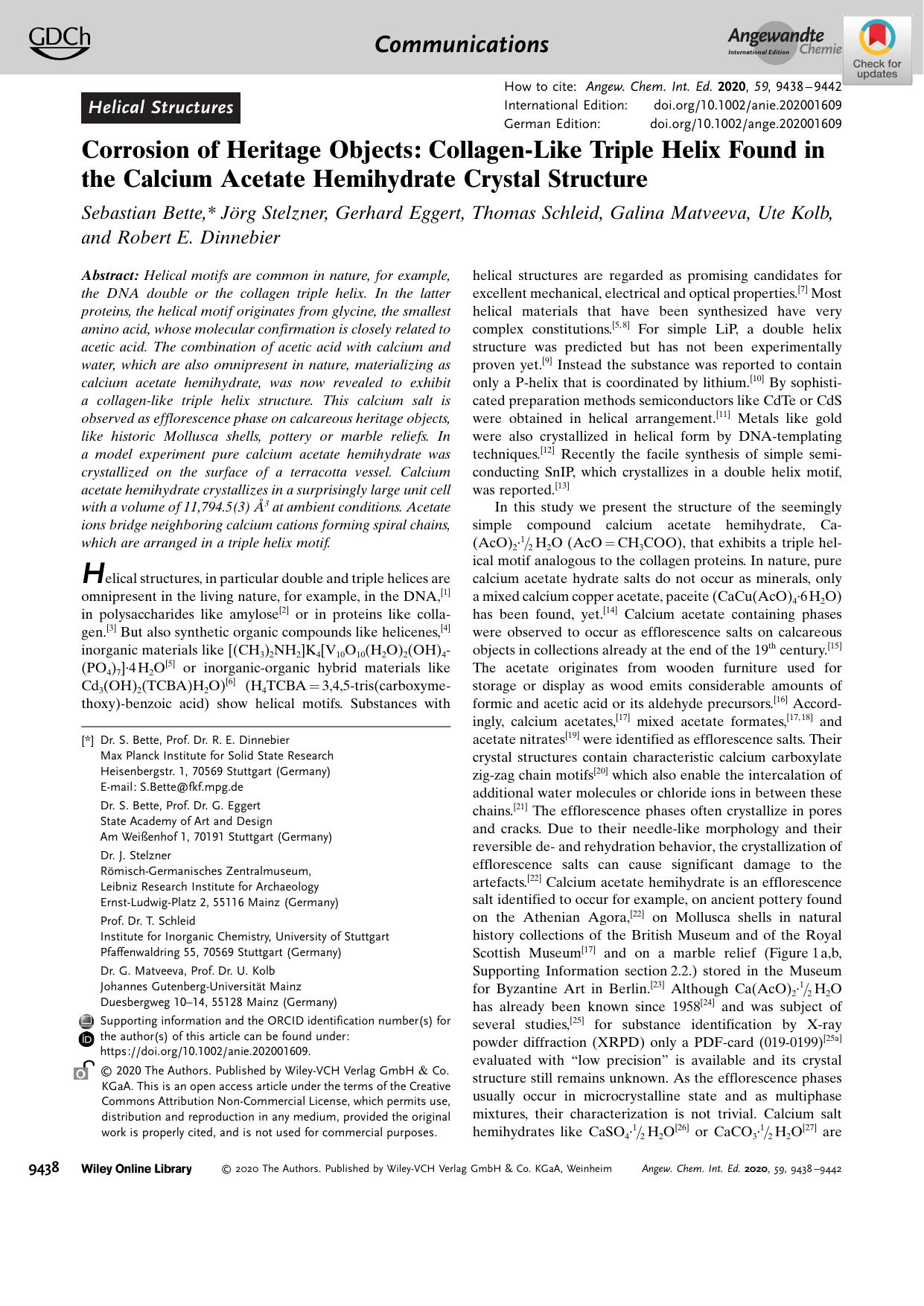 Corrosion of Heritage Objects: CollagenâLike Triple Helix Found in the Calcium Acetate Hemihydrate Crystal Structure by Unknown