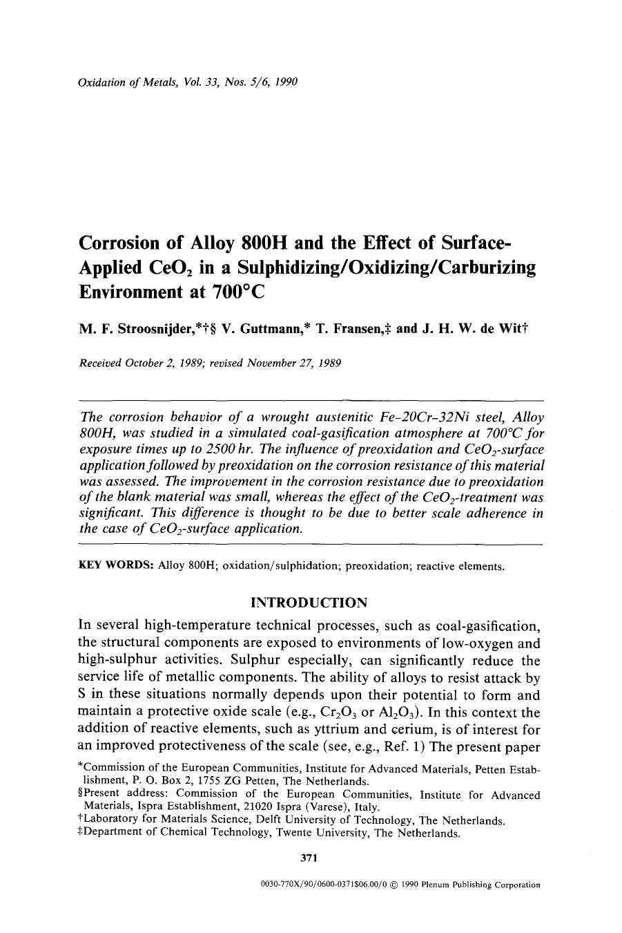 Corrosion of alloy 800H and the effect of surface-applied CeO <Subscript>2 <Subscript> in a sulphidizingoxidizingcarburizing environment at 700&#x00B0;C by Unknown