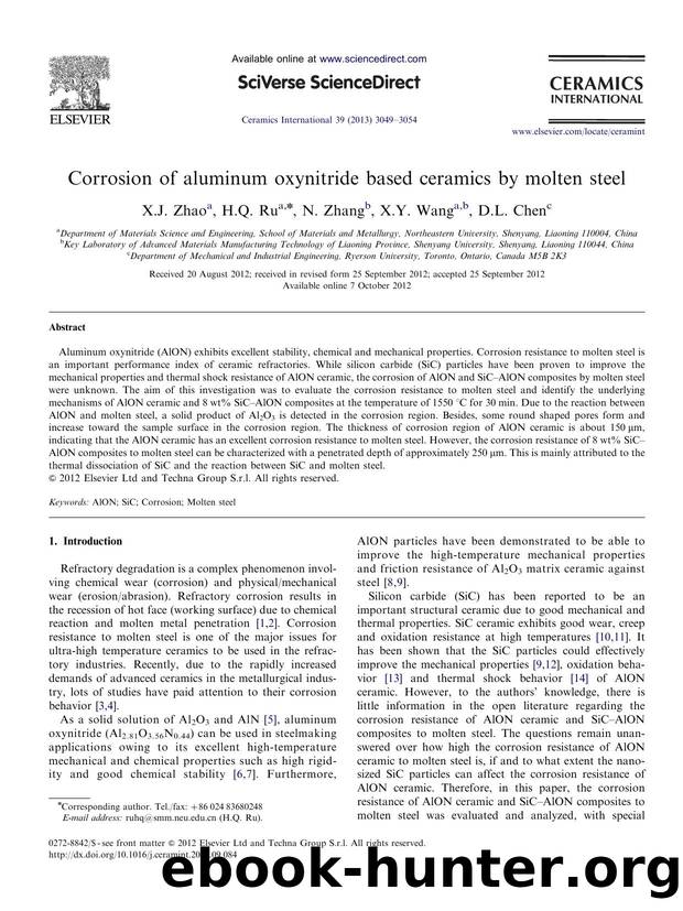 Corrosion of aluminum oxynitride based ceramics by molten steel by X.J. Zhao & H.Q. Ru & N. Zhang & X.Y. Wang & D.L. Chen