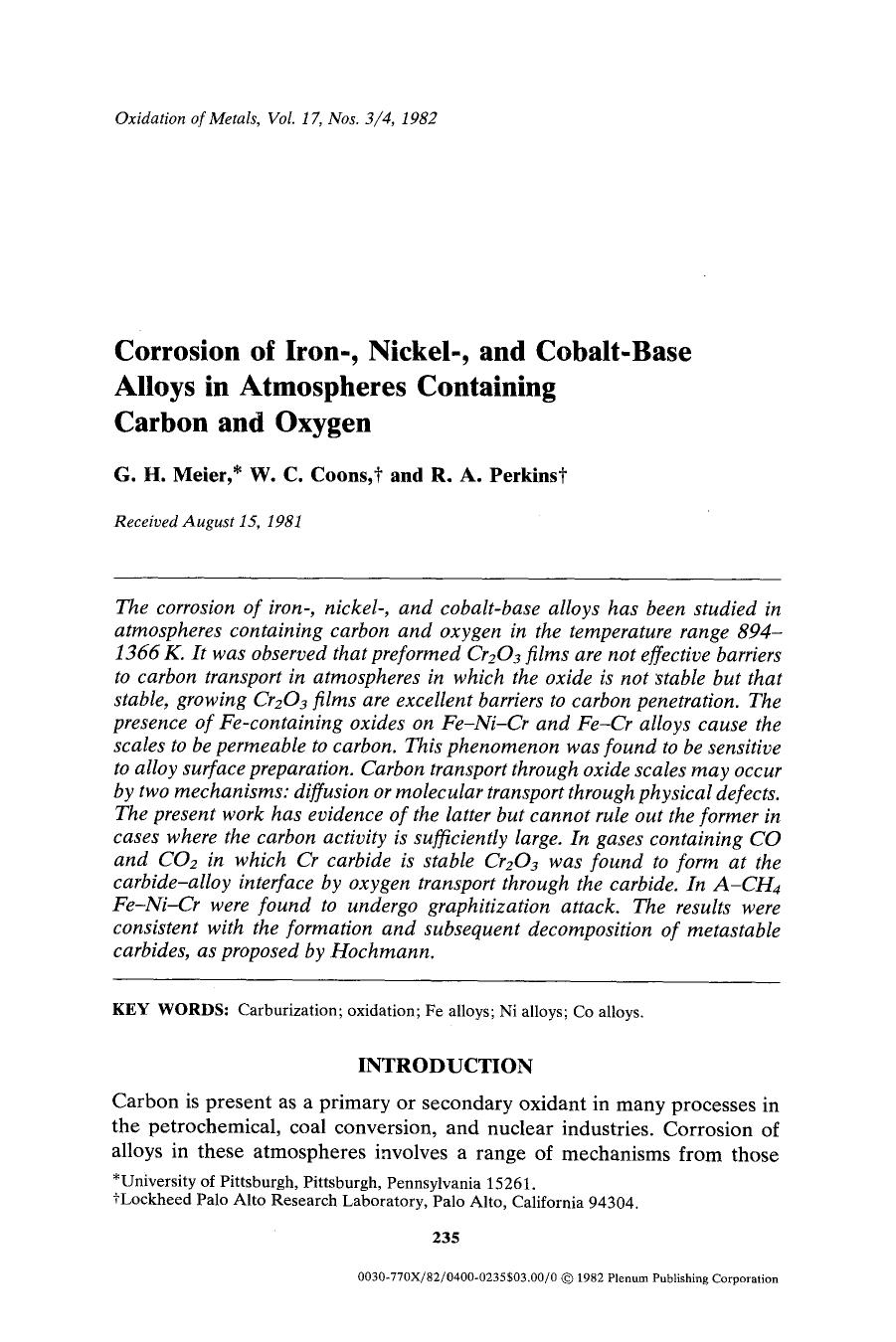 Corrosion of iron-, nickel-, and cobalt-base alloys in atmospheres containing carbon and oxygen by Unknown