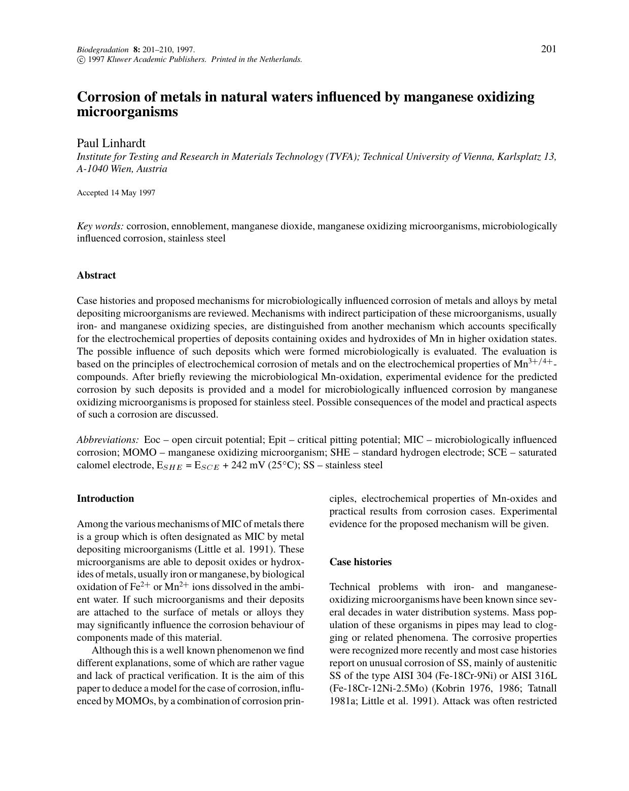Corrosion of metals in natural waters influenced by manganese oxidizing microorganisms by Unknown