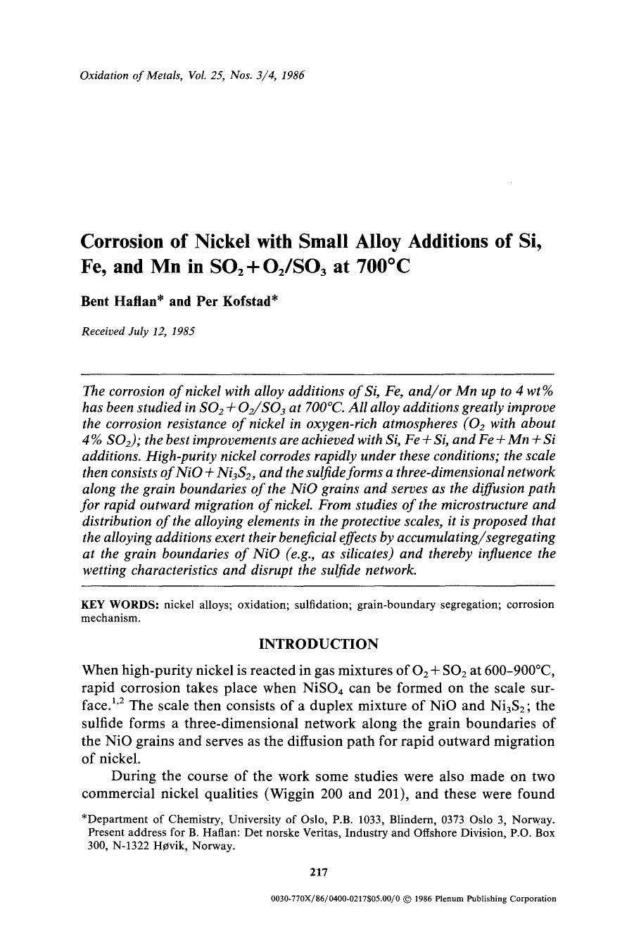 Corrosion of nickel with small alloy additions of Si, Fe, and Mn in SO <Subscript>2 <Subscript>&#x002B;O <Subscript>2 <Subscript>SO <Subscript>3 <Subscript> at 700&#x00B0;C by Unknown