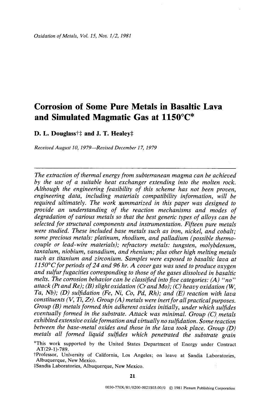 Corrosion of some pure metals in basaltic lava and simulated magmatic gas at 1150&#x00B0;C by Unknown