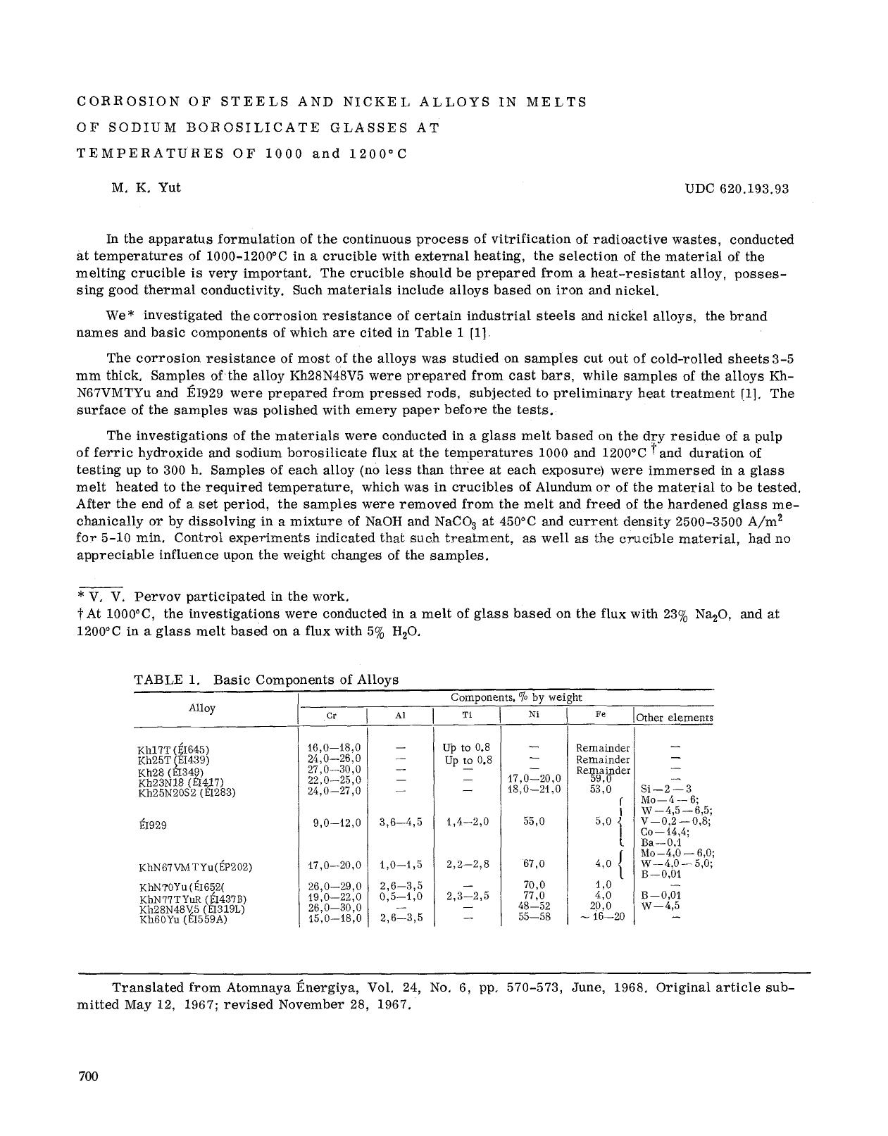 Corrosion of steels and nickel alloys in melts of sodium borosilicate glasses at temperatures of 1000 and 1200&#x00B0;C by Unknown