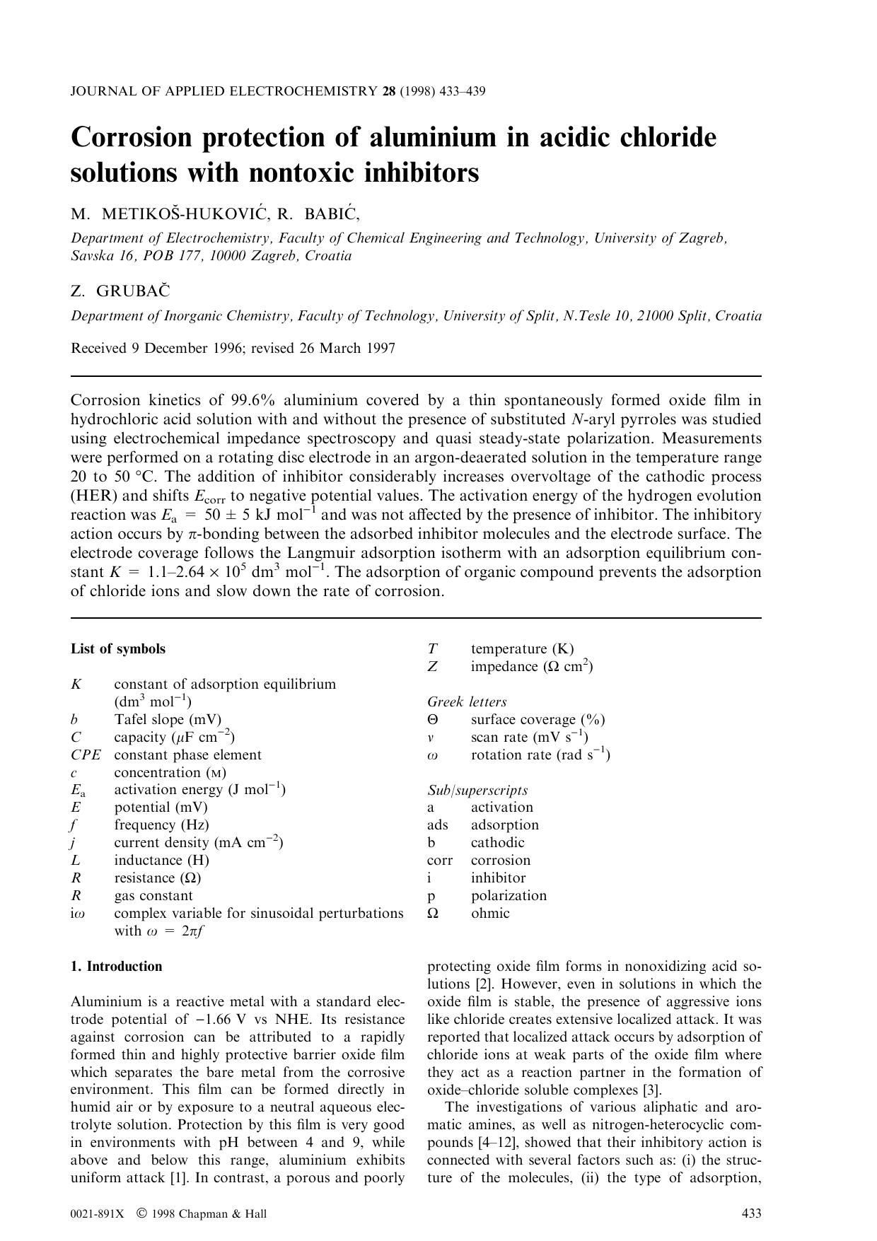 Corrosion protection of aluminium in acidic chloride solutions with nontoxic inhibitors by Unknown