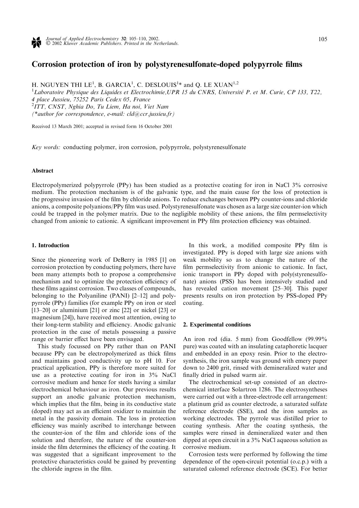 Corrosion protection of iron by polystyrenesulfonate-doped polypyrrole films by Unknown