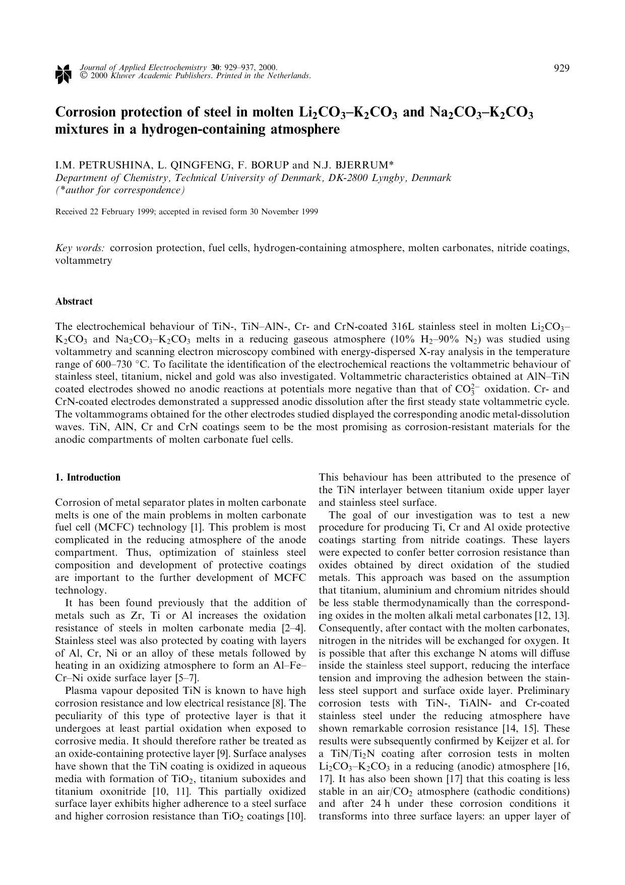 Corrosion protection of steel in molten Li2CO3&#x2013;K2CO3 and Na2CO3&#x2013;K2CO3 mixtures in a hydrogen-containing atmosphere by Unknown