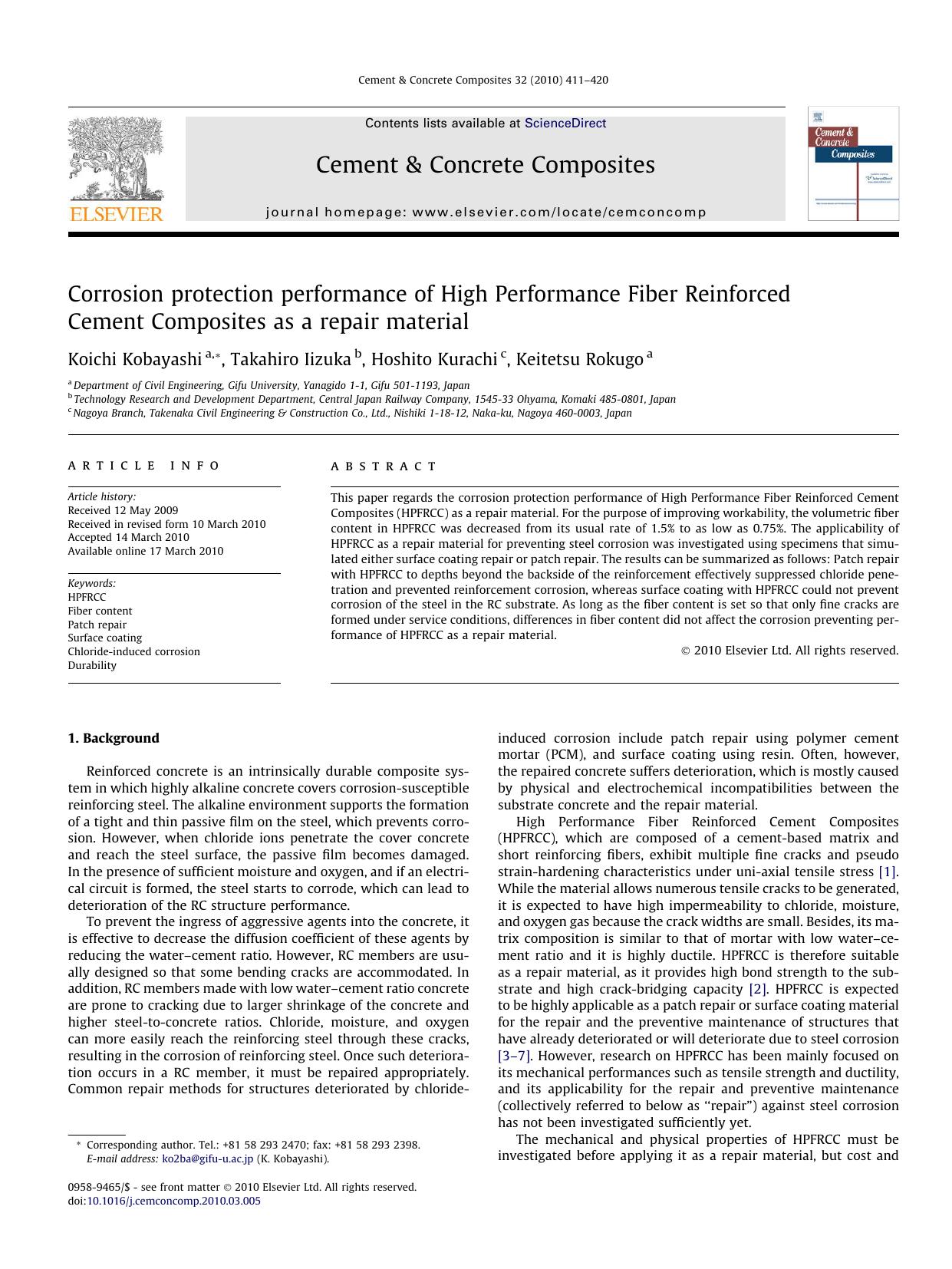 Corrosion protection performance of High Performance Fiber Reinforced Cement Composites as a repair material by Koichi Kobayashi; Takahiro Iizuka; Hoshito Kurachi; Keitetsu Rokugo